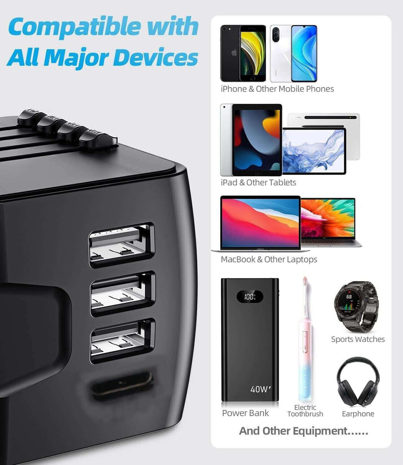 Universal Travel Adapter Worldwide Multi Plug UK EU AU US USB TypeC Fast Charger