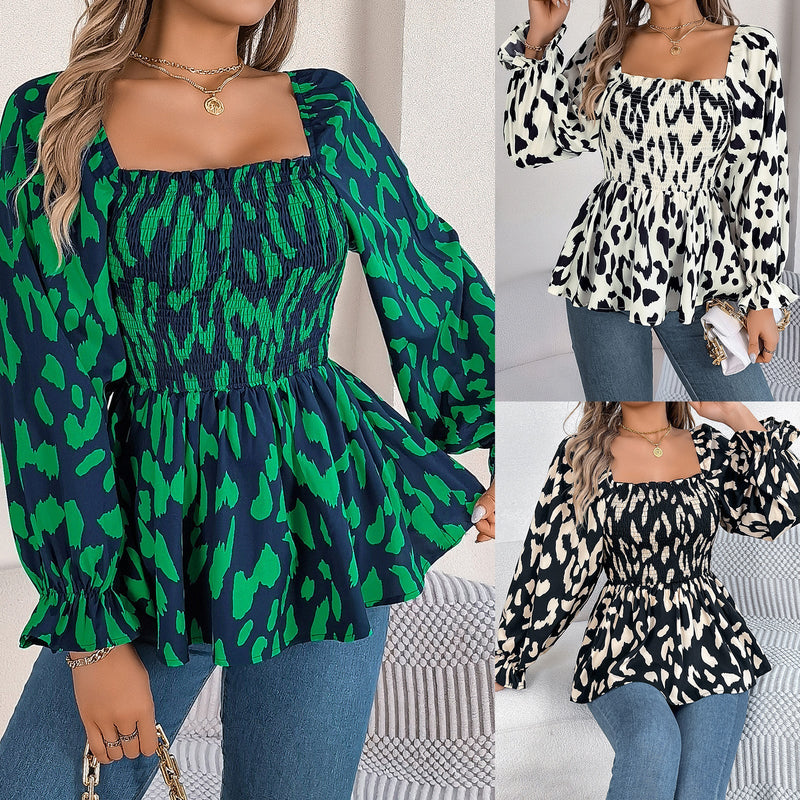 Casual Wooden Ear Square Collar Leopard Print Long Sleeve Chiffon Shirt